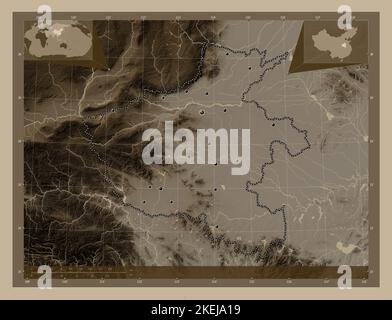 Henan, province of China. Elevation map colored in sepia tones with lakes and rivers. Locations of major cities of the region. Corner auxiliary locati Stock Photo