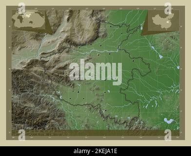 Henan, province of China. Elevation map colored in wiki style with lakes and rivers. Locations of major cities of the region. Corner auxiliary locatio Stock Photo