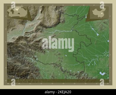 Henan, province of China. Elevation map colored in wiki style with lakes and rivers. Corner auxiliary location maps Stock Photo