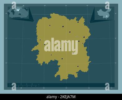 Hunan, province of China. Solid color shape. Locations of major cities of the region. Corner auxiliary location maps Stock Photo