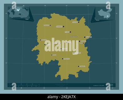 Hunan, province of China. Solid color shape. Locations and names of major cities of the region. Corner auxiliary location maps Stock Photo