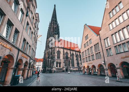 26 July 2022, Munster, Germany: Lamberti church belfry tower at Prinzipal market square Stock Photo