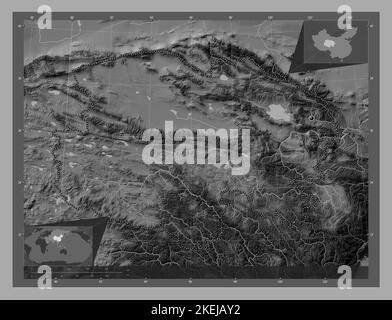 Qinghai, province of China. Bilevel elevation map with lakes and rivers. Corner auxiliary location maps Stock Photo