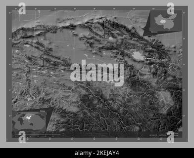 Qinghai, province of China. Bilevel elevation map with lakes and rivers. Locations and names of major cities of the region. Corner auxiliary location Stock Photo