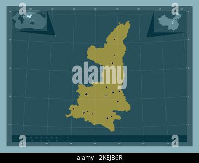 Shaanxi, province of China. Solid color shape. Locations of major cities of the region. Corner auxiliary location maps Stock Photo
