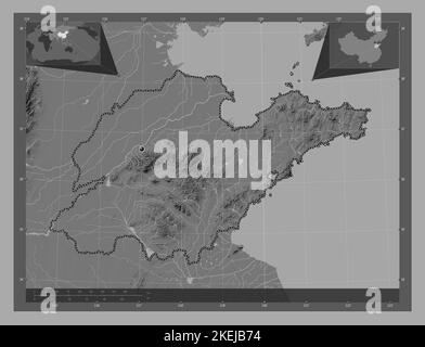 Shandong, province of China. Bilevel elevation map with lakes and rivers. Corner auxiliary location maps Stock Photo