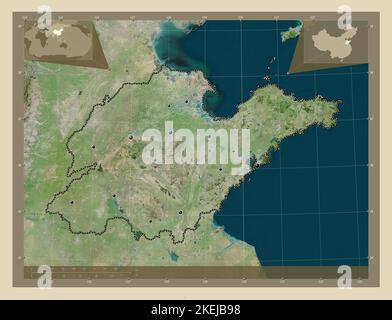 Shandong, province of China. High resolution satellite map. Locations of major cities of the region. Corner auxiliary location maps Stock Photo