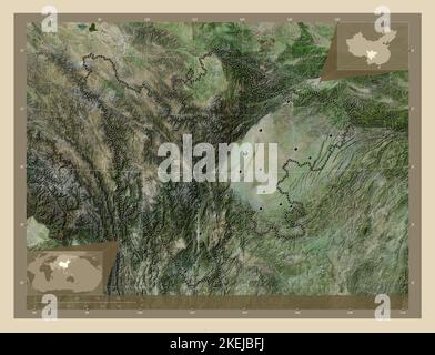 Sichuan, province of China. High resolution satellite map. Locations of major cities of the region. Corner auxiliary location maps Stock Photo