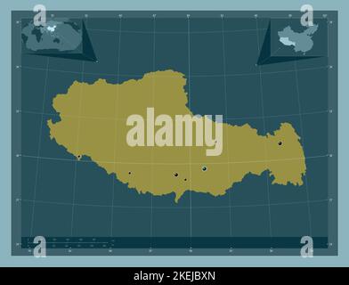 Xizang, autonomous region of China. Solid color shape. Locations of major cities of the region. Corner auxiliary location maps Stock Photo