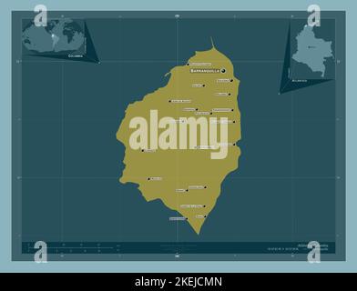 Atlantico, department of Colombia. Solid color shape. Locations and names of major cities of the region. Corner auxiliary location maps Stock Photo