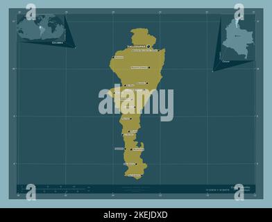 Cesar, department of Colombia. Solid color shape. Locations and names of major cities of the region. Corner auxiliary location maps Stock Photo