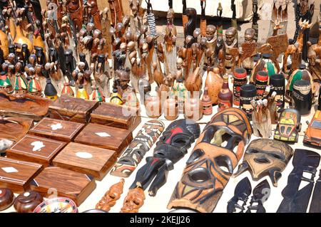 Wooden souvenir/handicraft stall, Maputo, Mozambique. Stock Photo