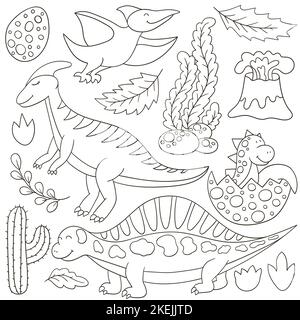 Set of vector illustrations in hand drawn style. Coloring drawings, poster for dinosaur lovers. Collection of icons, stickers. Dinosaur, volcano Stock Vector