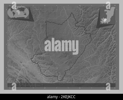 Lekoumou, region of Republic of Congo. Grayscale elevation map with lakes and rivers. Corner auxiliary location maps Stock Photo