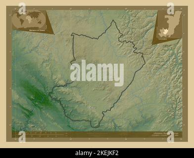 Lekoumou, region of Republic of Congo. Colored elevation map with lakes and rivers. Locations and names of major cities of the region. Corner auxiliar Stock Photo