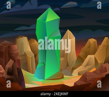 Huge mineral crystal. Rocks cliffs stone. Landscape mountainous. Natural land desert. Cartoon style illustration. Vector. Stock Vector