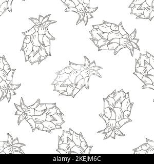 Monochrome pattern with tropical fruits. Illustration in hand draw style. Dragon fruit Stock Vector