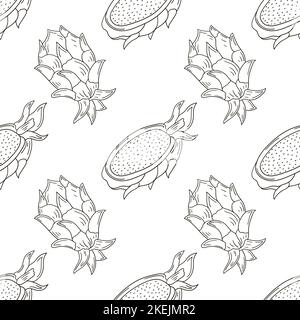 Monochrome pattern with fruits. Illustration in hand draw style. Dragon fruit, pitaya Stock Vector