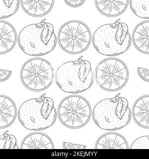 Monochrome pattern with tropical fruits. Illustration in hand draw style. Grapefruit, red orange. Can be used for fabric and etc Stock Vector