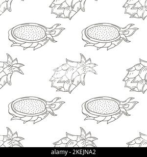 Monochrome pattern with tropical fruits. Dragon fruit, pitaya. Illustration in hand draw style. Can be used for fabric, packaging and etc Stock Vector