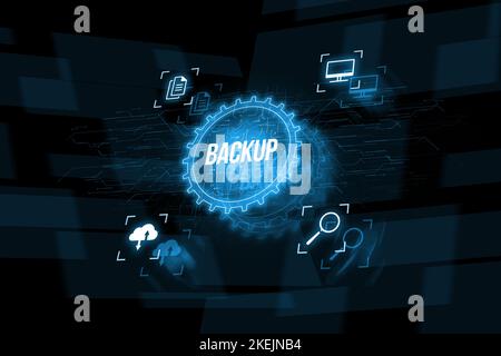 Data backup for data recovery to original or new location. Abstract hologram with icons Stock Photo