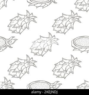 Monochrome pattern with tropical fruits. Illustration in hand draw style. Dragon fruit, pitaya. Can be used for fabric, packaging and etc Stock Vector