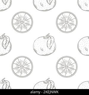 Monochrome pattern with tropical fruits. Grapefruit, red orange. Illustration in hand draw style. Can be used for fabric, packaging and etc Stock Vector