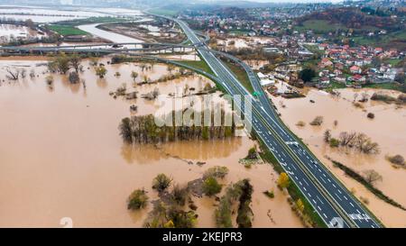 View of torrential rain causes flash floods in residential areas ...