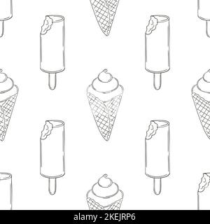 Coloring ice cream seamless pattern. Summer holidays with popsicles, ice cream cones Stock Vector