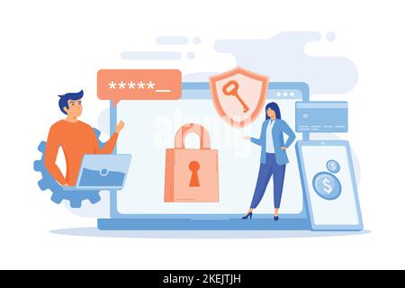 Developers work on cyber security program. Cyber security software, information security program and antivirus concept on white background. flat vecto Stock Vector