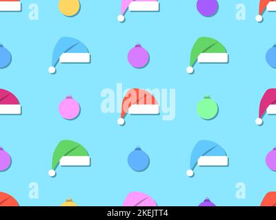 Seamless pattern with Christmas balls and Santa hat. Xmas hat and Christmas tree decoration. Design for printing on promotional materials, wrapping pa Stock Vector