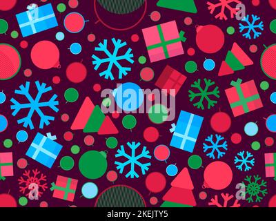Christmas seamless pattern with geometric Christmas balls, snowflakes and 3d gift boxes. Xmas design for printing on promotional material, wrapping pa Stock Vector