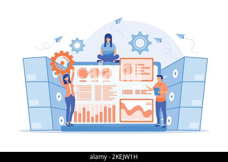 Laptop with data visualization software and developers working. Big data visualization, big data analytics, visualization software concept. flat vecto Stock Vector