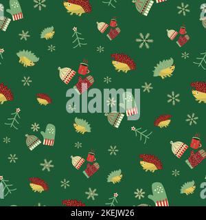 Cute hedgehog, hats, gloves seamless vector pattern backdground. Hedgehogs with warm winter clothes and drink backdrop. Red green animal cartoon Stock Vector