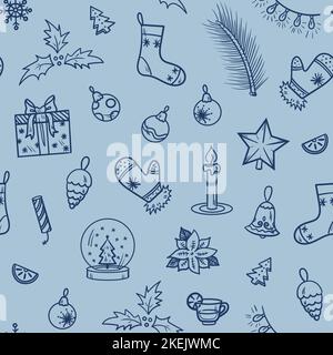 Christmas cute seamless pattern with Christmas cute gifts, Christmas trees, branches, candles,sock, flowers,snowflake, cookies, balls on a blue Stock Vector