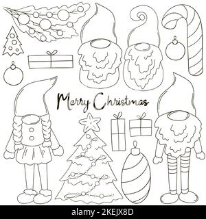 Set of New Year Coloring elements in handdrawn style. Gnomes in Santa Claus hats, Christmas tree, decorations, candy cane. Set of vector illustrations Stock Vector
