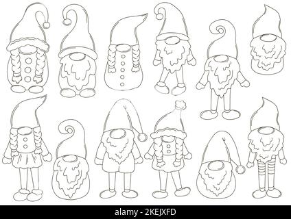 Coloring Vector Bundle. Big Collection of gnomes on Santa Claus hats in handdrawn style. Set of vector illustrations for your design. Sign, sticker Stock Vector