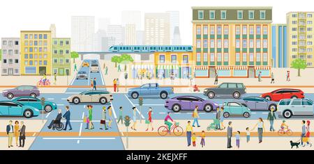 City silhouette with traffic and pedestrians in residential district, illustration Stock Vector