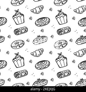 A seamless pattern of hand-drawn doodle-style baked goods and pastries. Collection of different kinds of bread, croissant, baguette, scones, muffin, m Stock Vector