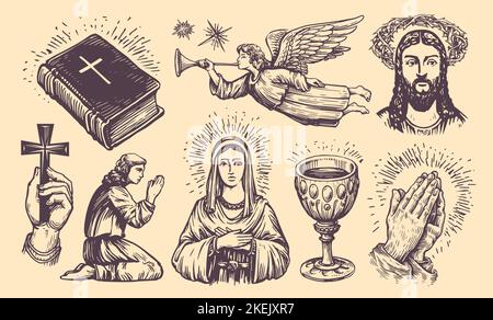 Collection of Bible symbols sketch. Religion concept vector. Hand drawn illustration set in vintage engraving style Stock Vector