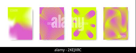 Set of abstract minimal covers design on bright violet and acid colors. Future geometric patterns. Colorful illustration on vertical A4 format. Mesh Stock Vector
