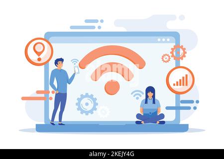 Business people using laptop and smartphone with WiFi connection. Wi-fi connection, WiFi communication technology, free internet services concept. fla Stock Vector
