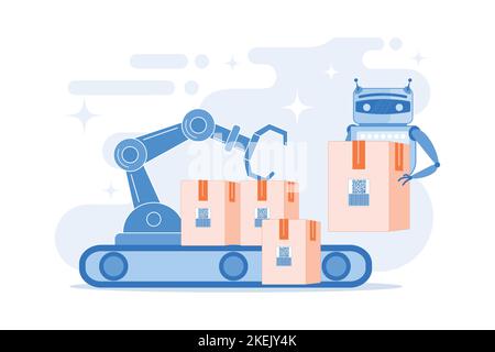 Robot substituting human working with boxes on conveyor belt and robotic arm. Labor substitution, man versus robot, robotics labor control concept. fl Stock Vector