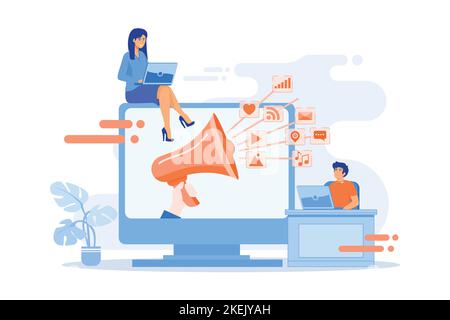 Marketing specialists and computer with megaphone and social media icons. Social media marketing, social networking, internet marketing concept. flat Stock Vector