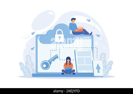 Architect and engineer working on technologies and controls to protect data and applications. Cloud computing and cloud information security concept. Stock Vector