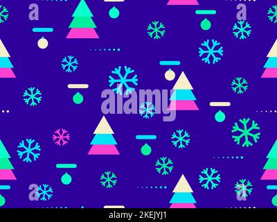 Christmas seamless pattern memphis with snowflakes and fir-trees. Great for brochures, promotional material, wrapping paper and wallpapers. Vector ill Stock Vector