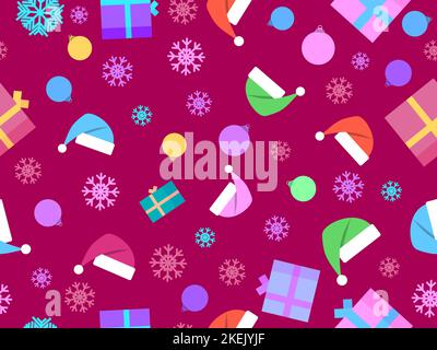 Christmas seamless pattern with Christmas balls, snowflakes, 3d gift boxes and Santa hat. Christmas pattern in memphis geometric style. Xmas design fo Stock Vector