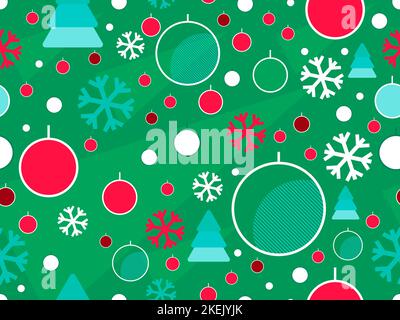 Christmas seamless pattern. Christmas balls in a linear style, snowflakes and geometric Christmas trees made of triangles in the 80s style. Vector ill Stock Vector