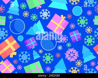 Christmas seamless pattern with Christmas decoration, snowflakes, 3d gift boxes and Christmas trees. Xmas design for printing and banner. Vector illus Stock Vector