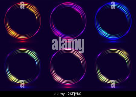Set of glowing neon color circles round curve shapes isolated on black background technology concept. Circular light frame border. You can use for bad Stock Vector